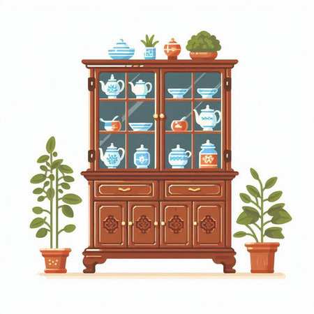 Vintage cupboard with dishes. Vector illustration in cartoon style.のイラスト素材