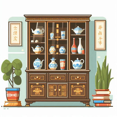 Cupboard with Chinese porcelain dishes. Vector illustration.のイラスト素材