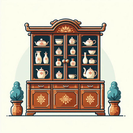 Vector illustration of an old wooden cabinet with cups and saucersのイラスト素材