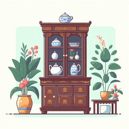Vintage cupboard with dishes and vases. Vector illustration.のイラスト素材