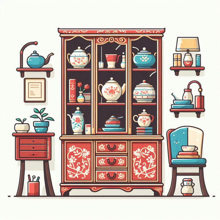 Vintage cupboard with furniture in retro style. Vector illustration.のイラスト素材