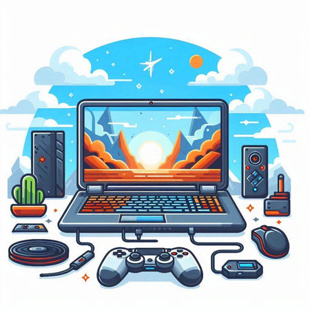 Laptop with video game console, joystick and mouse on screen. Vector illustrationのイラスト素材