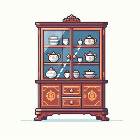 Cabinet with cups and saucers. Vector illustration.のイラスト素材