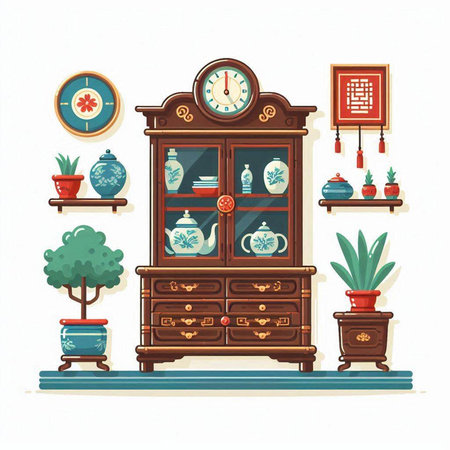 Retro style cabinet with books, clock and plants. Vector illustration.のイラスト素材