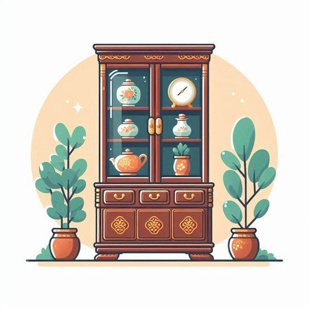 Cabinet with cupboard, vase, teapot, cupboard, vase. Vector illustration.のイラスト素材