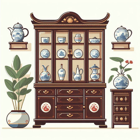 Vintage cupboard with dishes and vases. Vector illustration.のイラスト素材
