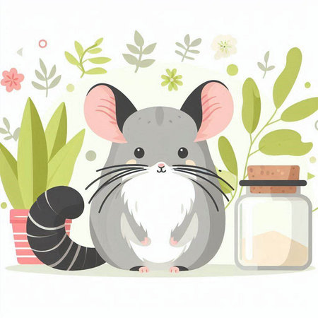 Cute gray mouse with a jar of salt. Vector illustration.のイラスト素材