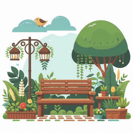 Wooden bench in the garden. Vector illustration in flat style.のイラスト素材