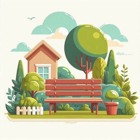 Vector illustration of a park with bench, trees, fence and houses.のイラスト素材