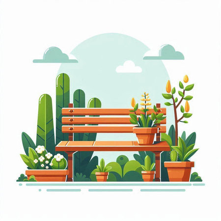 Vector illustration of a park bench with flowers and plants in pots.のイラスト素材