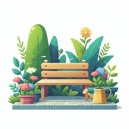 Vector illustration of a garden with a bench, flowers and plants.のイラスト素材