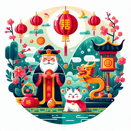 Chinese New Year greeting card. Vector illustration in flat cartoon style.のイラスト素材