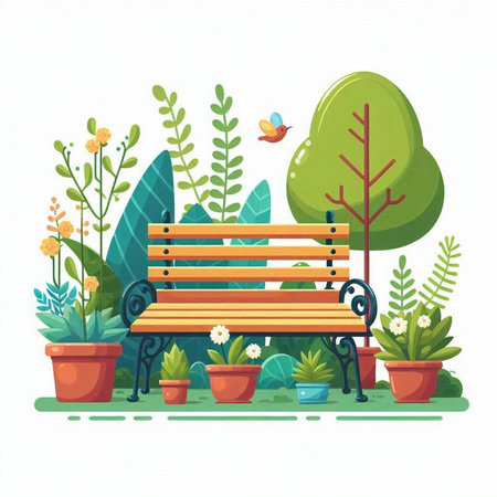 Bench in the garden with flowers and plants. Vector illustration in flat style.のイラスト素材