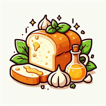 Illustration of a loaf of bread with basil and olive oil.のイラスト素材