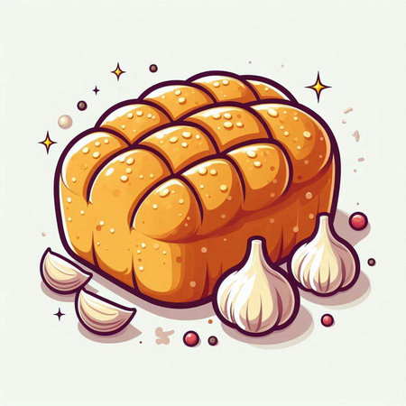 Illustration of a loaf of bread with garlic and pepper on a white backgroundのイラスト素材