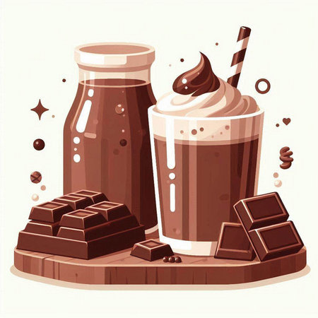 Vector illustration of a glass of chocolate smoothie with whipped cream and chocolate bar.のイラスト素材