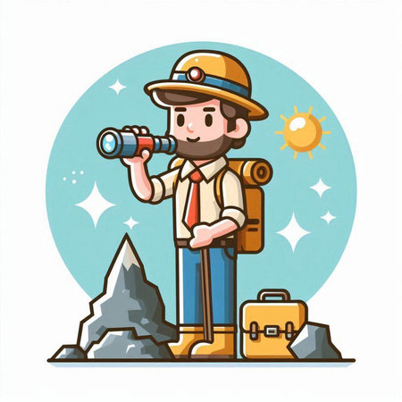 Tourist with binoculars and mountains. Vector cartoon illustration.のイラスト素材