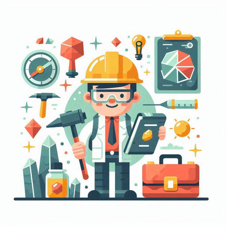 Hiking vector illustration. Tourist man with backpack, map, binoculars, binoculars and camping equipment.のイラスト素材