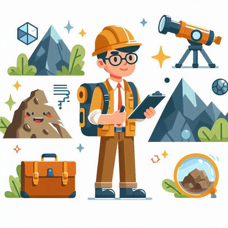Cartoon explorer with map, binoculars and telescope. Vector illustrationのイラスト素材