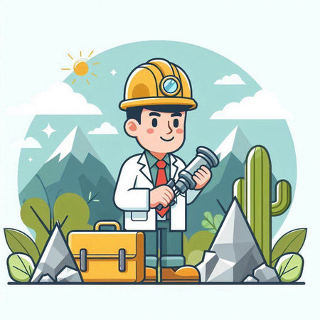 Vector illustration of a miner holding a flashlight and a briefcase.のイラスト素材
