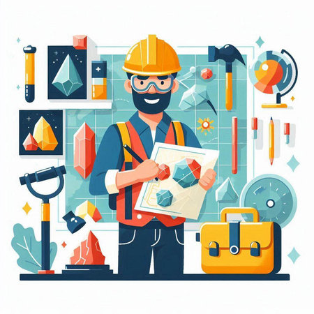 Architect or engineer working on construction site. Vector illustration in flat styleのイラスト素材