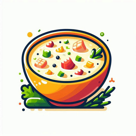 Vector illustration of a bowl of soup with vegetables, greens and fish.のイラスト素材