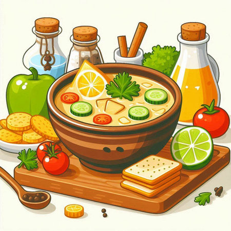 Illustration of a bowl of soup with vegetables and crackers.のイラスト素材