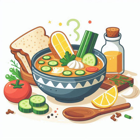 Cartoon vector illustration of a bowl of soup with vegetables and breadのイラスト素材
