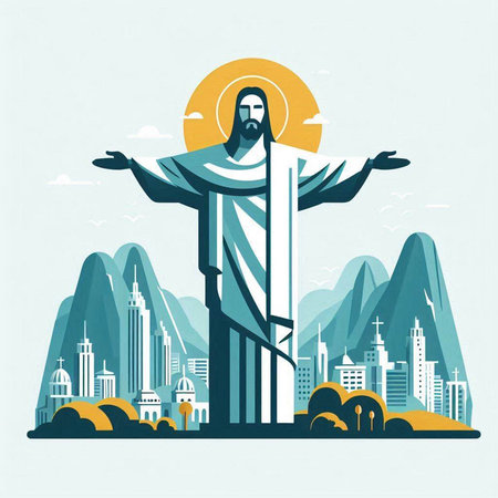 Jesus Christ on the background of the city. Vector illustration in flat style.のイラスト素材
