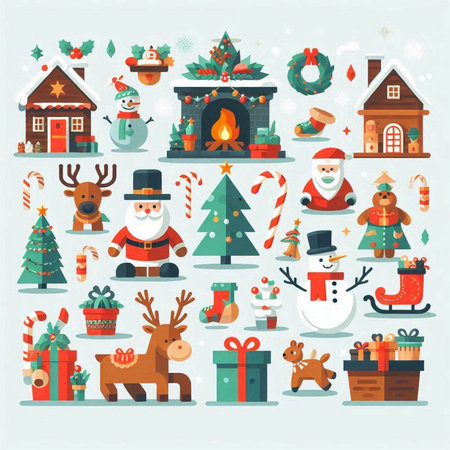 Christmas and New Year flat icons set. Santa Claus, reindeer, snowman, house, christmas tree, gift box, snowman, santa claus. Vector illustrationのイラスト素材