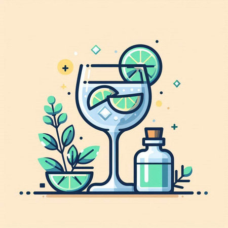 Cocktail with lime and mint. Vector illustration in flat styleのイラスト素材