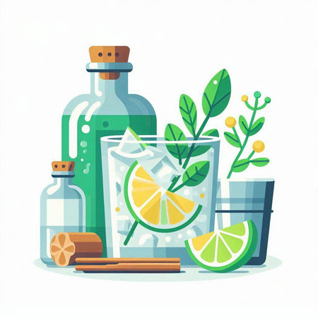 Cocktail with lime, mint and ice. Vector illustration.のイラスト素材