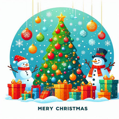 Merry Christmas and Happy New Year greeting card with Christmas tree, gifts and snowman.のイラスト素材