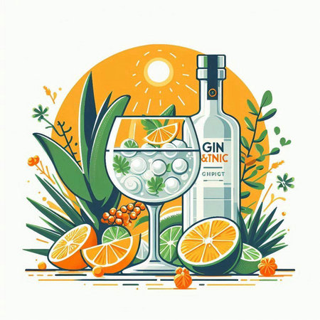 Bottle of gin and tonic with fruits. Vector illustration.のイラスト素材