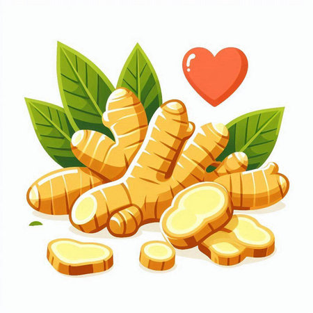 Ginger root with leaves and heart on white background. Vector illustration.のイラスト素材