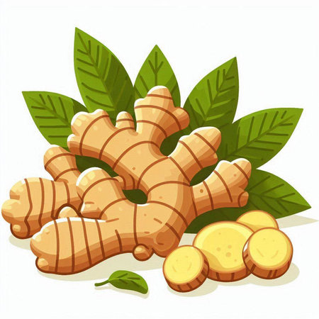 Ginger root and leaves isolated on white background. Vector illustration.のイラスト素材