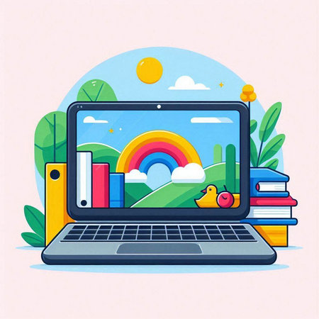 Laptop with online education concept. Vector illustration in cartoon style.のイラスト素材