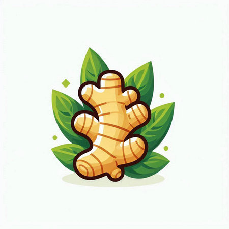 Ginger root and leaves on white background. Vector flat illustration.のイラスト素材