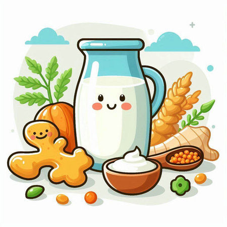Ginger milk in a glass jar with ingredients for making ginger cookies. Vector illustration.のイラスト素材