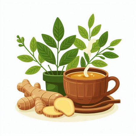 Cup of ginger tea with fresh ginger root and leaves. Vector illustration.のイラスト素材