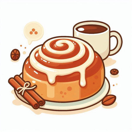 Cinnamon roll with icing and cup of coffee. Vector illustration.のイラスト素材