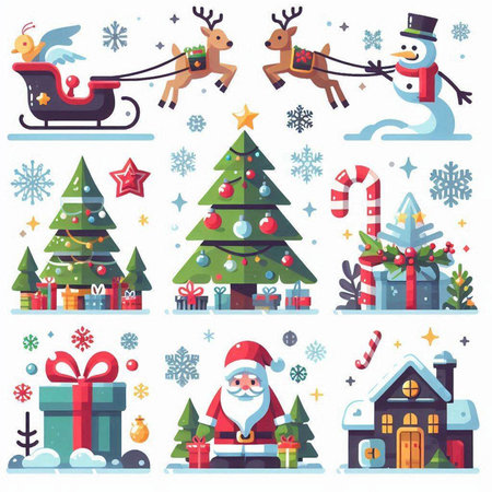 Christmas and New Year icons set with Santa Claus, reindeer, tree, snowflakes, presents, candy cane, snowman. Vector illustration.のイラスト素材