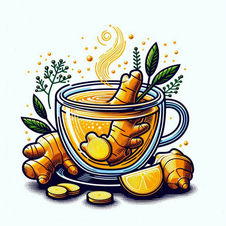 Cup of tea with ginger, lemon and leaves. Vector illustration.のイラスト素材