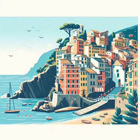 Vintage vector illustration of Manarola, Cinque Terre, Italyのイラスト素材