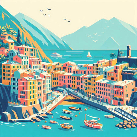 Vintage vector illustration of the old town of Vernazza, Italyのイラスト素材