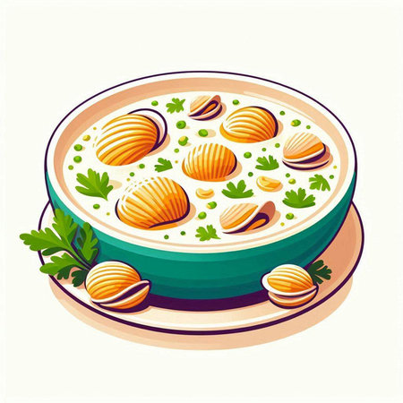 Seafood soup with clams and parsley. Vector illustrationのイラスト素材