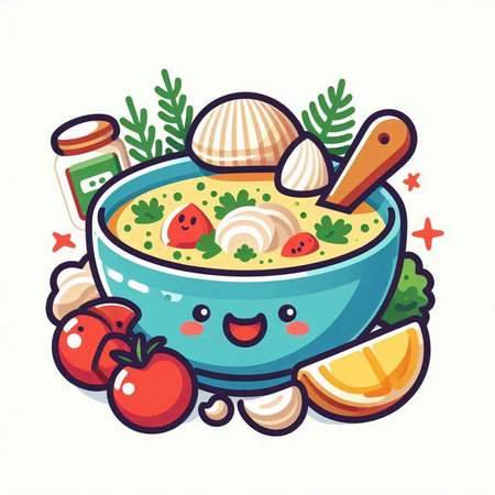 Cute cartoon vector illustration of a bowl of chicken soup with ingredientsのイラスト素材