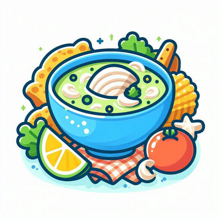 Bowl of soup with chicken. Vector illustration in cartoon style.のイラスト素材