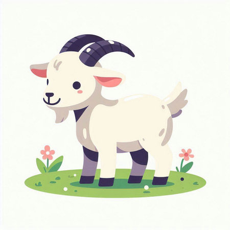 Cute baby goat on the meadow. Cartoon vector illustration.のイラスト素材