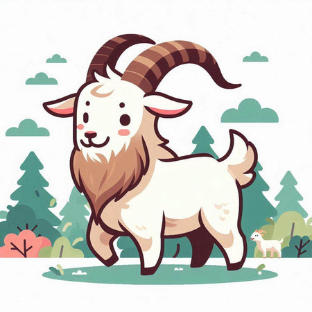 Goat on the background of the forest. Vector illustration in cartoon style.のイラスト素材